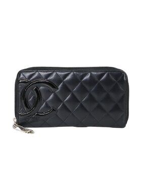 Chanel Cambon Line Zip Around Wallet Leather Enamel Black Silver